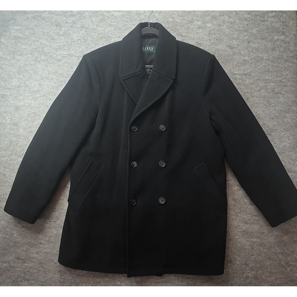 Lauren RALPH LAUREN Wool Blend Naval/Military Pea Coat Quilted Lining Black 44R